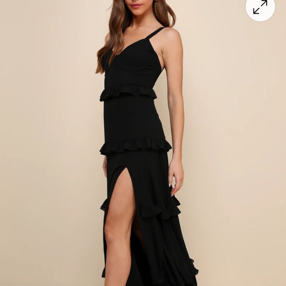 NWT Lulus Sincerely Poised Black Backless Bustier Tiered Maxi Dress, Size Large